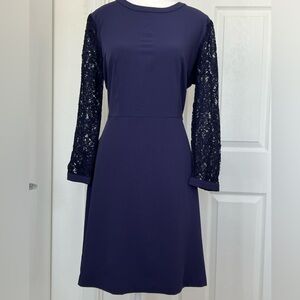 LOFT Navy Dress with Lace Long Sleeves